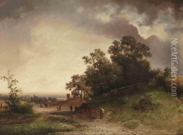 Travellers On A Path In A Dune Landscape Oil Painting - Johannes Warnardus Bilders