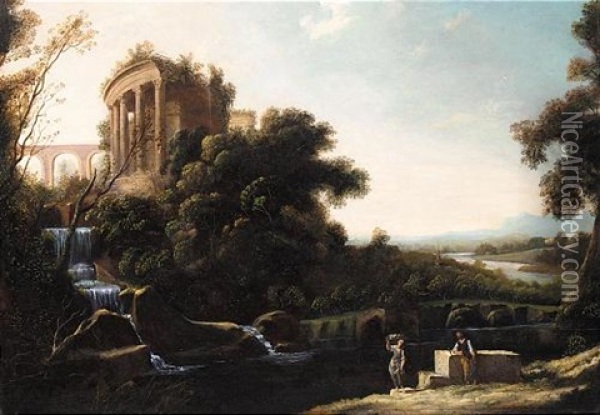 A River Landscape With Figures Resting Beneath A Capriccio View Of The Temple Of Vesta At Tivoli Oil Painting - Pierre Antoine Patel