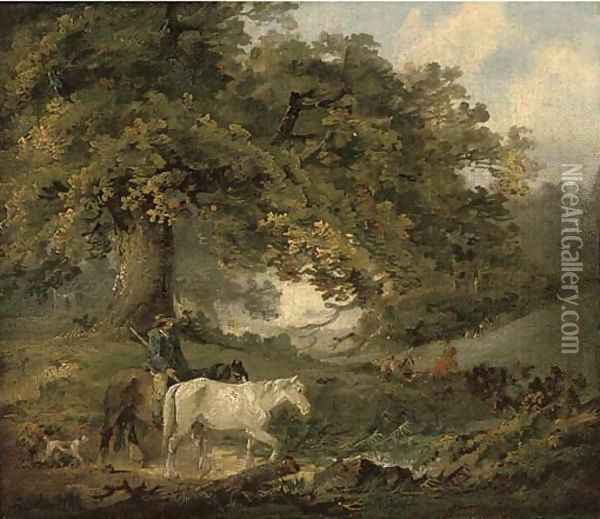 A countryman and horses in a wood, figures around a camp fire in the distance Oil Painting - George Morland