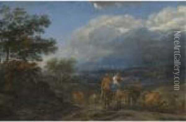 A Hilly Landscape With Herdsmen And Cattle Oil Painting - Nicolaes Berchem