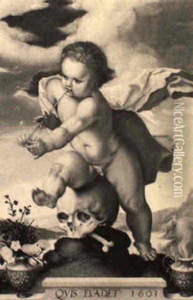 A Vanitas Painting: A Putto Stepping On A Skull While Blowing Bubbles Oil Painting - Hendrik Goltzius