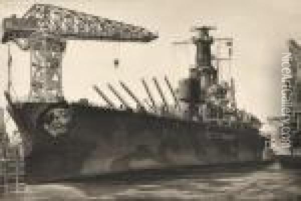 Battle Wagon - U.s.s. 
Alabama Outfitting At Norfolk 
Navyyard, 
Crane Ship Kearsarge Alongside Oil Painting - John Taylor Arms