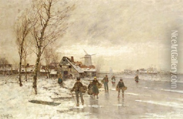 A Winter Landscape With Figures On A Frozen Waterway Oil Painting - Johann Jungblut