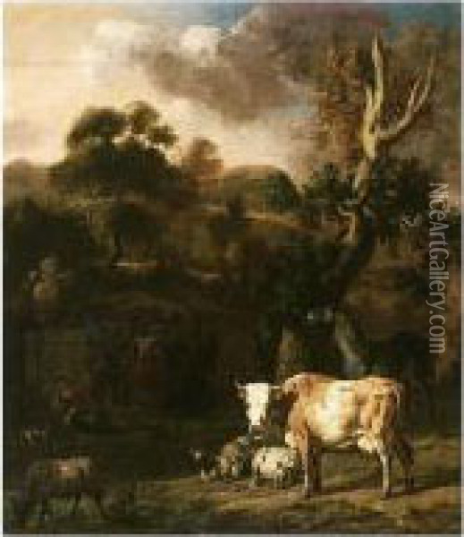A Pastoral Scene In An Italianate Landscape Oil Painting - Dirk van Bergen