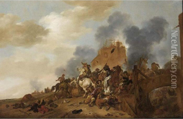 A Cavalry Battle Scene With Soldiers Fighting On A Bridge Near Burning Ruins Oil Painting - Pieter Wouwermans or Wouwerman