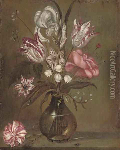 Parrot tulips, a rose, irises and other flowers in a glass vase on a stone ledge Oil Painting - Jacob Marrel