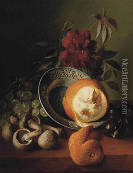 A Rose, Grapes, Mushrooms, An Orange And Chestnuts Oil Painting - Jean-Baptiste Robie