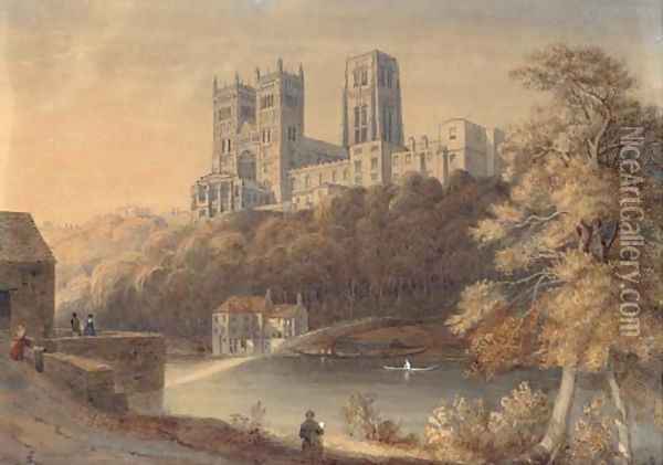 An artist sketching before Durham Cathedral 2 Oil Painting - William Robinson