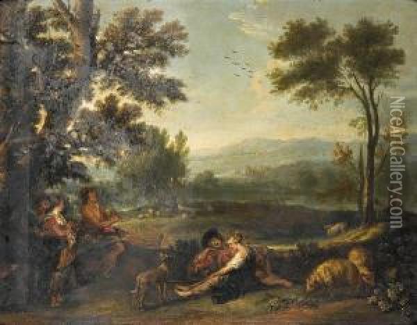A Landscape With Shepherds And Shepherdesses Resting Beneath A Tree Oil Painting - Jan Thomas Van Yperen