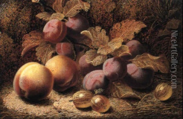Victoria Plums, Peaches And Gooseberries Oil Painting - Oliver Clare