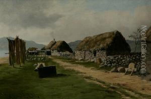 Cottages And Nets Drying Oil Painting - John Blake Macdonald