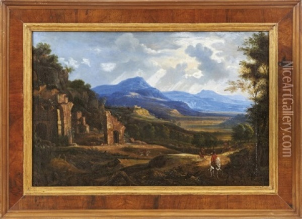 Reiter In Sudlicher Landschaft Mit Ruinen Oil Painting - Willem Van Bemmel
