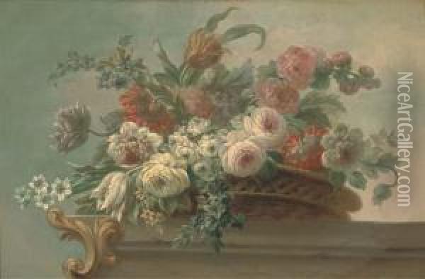 Summer Flowers, Including 
Tulips, Poppies And Peonies, In A Wickerbasket, On A Stone Ledge Oil Painting - Jakob Bogdani Eperjes C