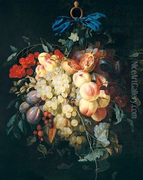 Still Life Of Grapes, Peaches, Plums, Raspberries And Cherries, Suspended From A Ring, Tied With A Blue Ribbon, Together With A Red Admiral Butterfly And A Fly Oil Painting - Johannes Hannot