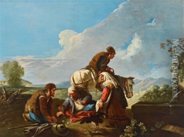 Rastende Bauern In Einer Landschaft Beim Wurfelspiel Oil Painting - Paolo Monaldi