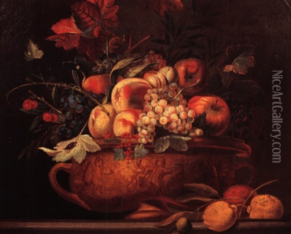 Coupe De Raisins, De Pommes Et De Peches Sur Un Entablement Oil Painting - Pierre Nicolas Huilliot