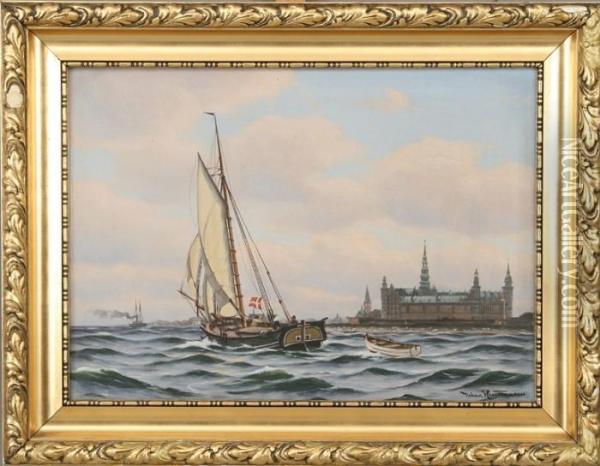 Seascape, In The Background Kronborg Castle Oil Painting - Johann Jens Neumann