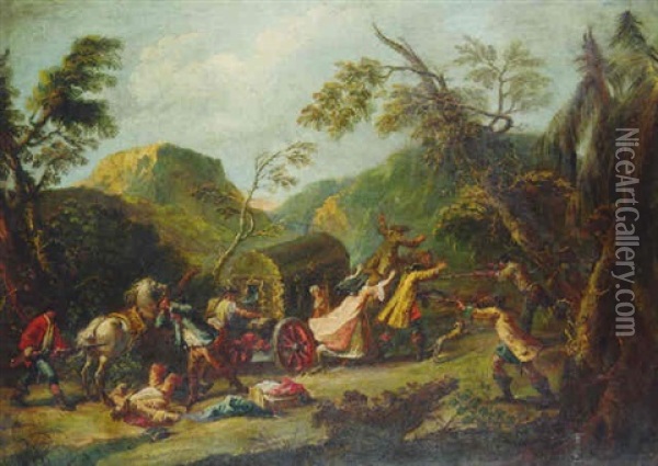 An Attack On A Carriage Carrying Passengers In An Extensive Mountain Landscape Oil Painting - Francesco Simonini