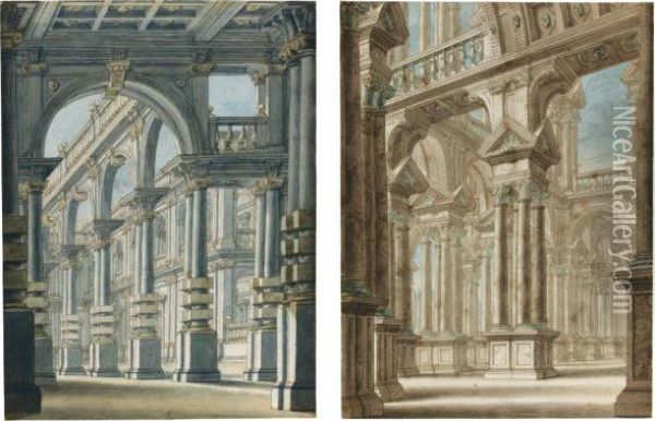 Two Stage Designs With Colonnades Oil Painting - Giuseppe Galli Bibiena