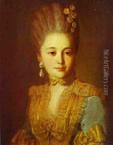 Portrait Of An Unknown Woman In A Blue Dress With Yellow Trimmings 1760s Oil Painting - Fedor Rokotov