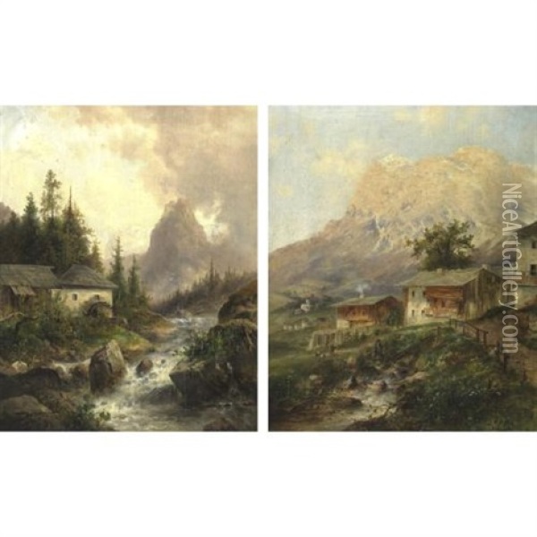 Cottages In The Alps (pair) Oil Painting - Emil Barbarini