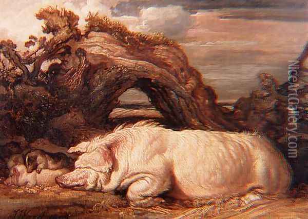 A Sow and Piglets Under a Tree, 1809 Oil Painting - James Ward