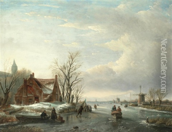 Dutch Skaters On A Frozen River Oil Painting - Jan Jacob Coenraad Spohler