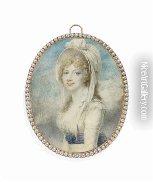 Princess Augusta Sophia (1768-1840), In White Dress With Frilled Open Collar, The Sleeves Embroidered With A Criss-cross Pattern, Blue Sash Tied Around Waist Oil Painting - Richard Cosway