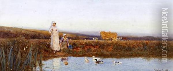 Young Maids At A Duck Pond With Harvesters Beyond Oil Painting - Tom Lloyd
