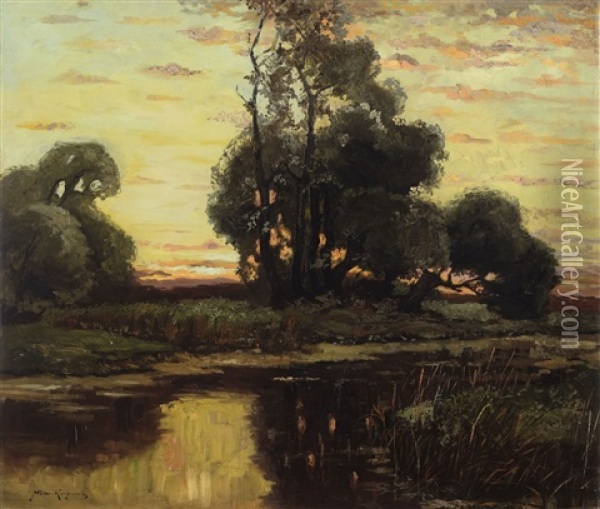 A Watery Landscape In Mark Brandenburg At Dusk Oil Painting - Konrad Alexander Mueller-Kurzwelly