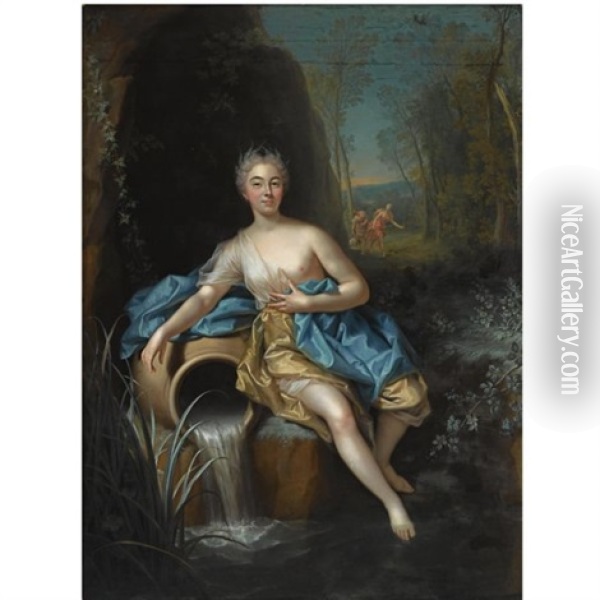 Portrait Historie Of A Seated Lady Scarcely Clad And In The Guise Of A Nymph Near A Source, In A Wooded Landscape With Two Huntresses In The Background Oil Painting - Jean Raoux