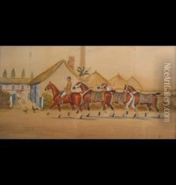 Grooms Man Leading Four Horsesback To The Stables Oil Painting - Henry William Standing