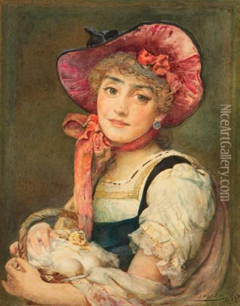 A Pretty Maid Holding A Basket Of Eggs Oil Painting - John Parker