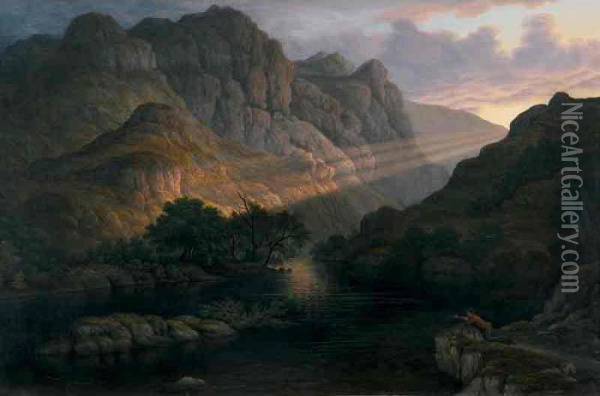 Sunset, A Mountainous Lake Landscape With A Boy Fishing Oil Painting - John Glover