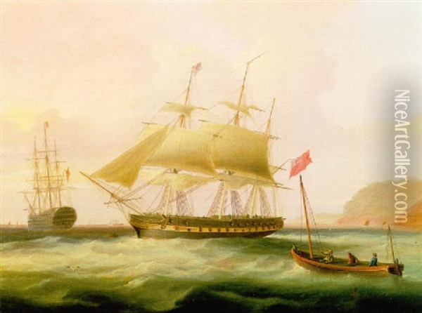 A Frigate In An Estuary With A First Rate Man-o-war Oil Painting - William John Huggins