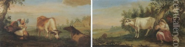 Scene Pastorale (+ Le Berger Endormi; Pair) Oil Painting - Martin Aubee