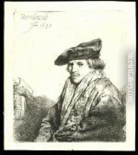 Young Man In A Velvet Cap, With Books Beside Him (bartsch 268) Oil Painting - Rembrandt Van Rijn