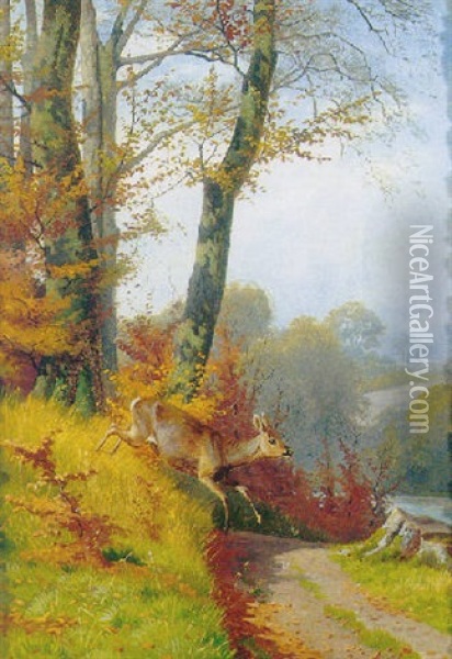 Springende Hjort I Skovkanten Oil Painting - Adolf Heinrich Mackeprang