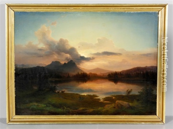 Landscape Of A Lake In A Forest With Mountains In The Distance Oil Painting - Johann Felix Von Schiller
