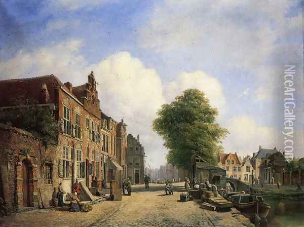 A View in a Town with Townsfolk on a Street along a Canal Oil Painting - Marinus van Raden