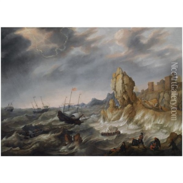 Shipping In A Heavy Storm Along A Rocky Coast, With Shipwrecked Figures Climbing On Shore In The Foreground, A View Of A Town Beyond Oil Painting - Abraham Willaerts