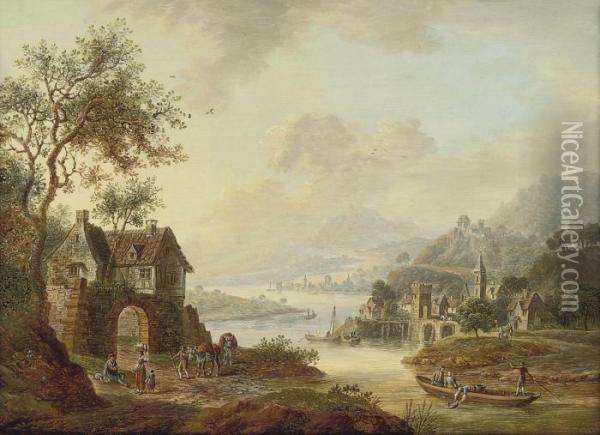 An Extensive Rhenish River Landscape Oil Painting - Christian Georg Schuttz II