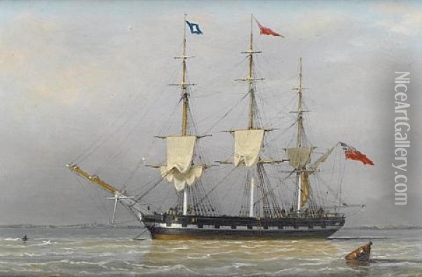 A Three-masted Merchantman Anchored In The Humber, Signalling That She Is Preparing To Sail Oil Painting - J. Ward