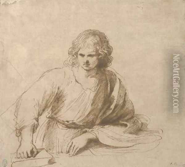 A young man, half-length, resting his right hand on a book Oil Painting - Giovanni Francesco Barbieri