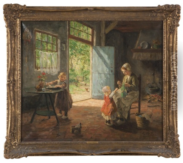 Woman And Children In A Dutch Interior Oil Painting - Evert Pieters