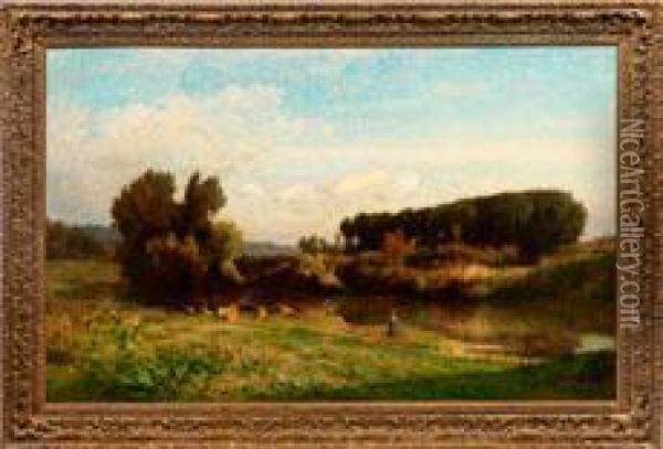 Kuhhirtin Mit Ihrer Herde Am Flussufer Oil Painting - Emile Charles Lambinet