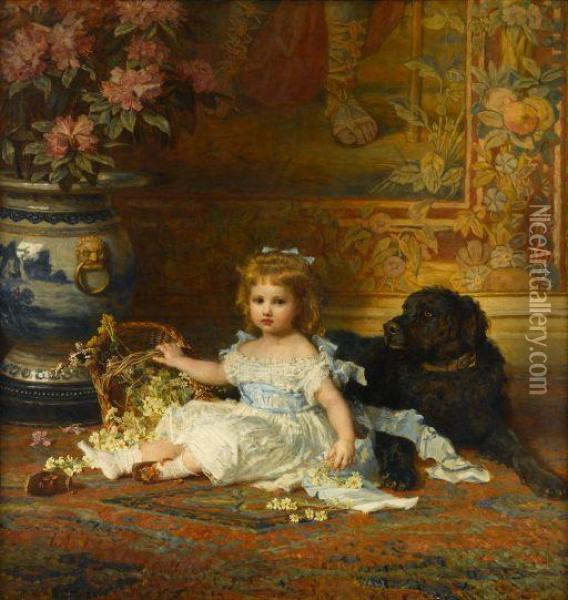 Portrait Of Young Girl With A Basket Of Flowers And Her Dog Oil Painting - Karl Wilhelm Friedrich Bauerle