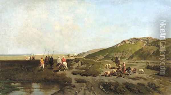 Oriental horsemen travelling in an extensive landscape Oil Painting - European School