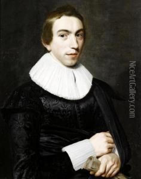 Portrait Of A Gentleman, Aged 18, Half-length,in A Black Tunic With A White Lace Ruff And Cuffs, Holding A Pairof Gloves Oil Painting - Willem van der Vliet