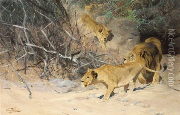 A Pride Of Lions On The Prowl Oil Painting - Wilhelm Friedrich Kuhnert
